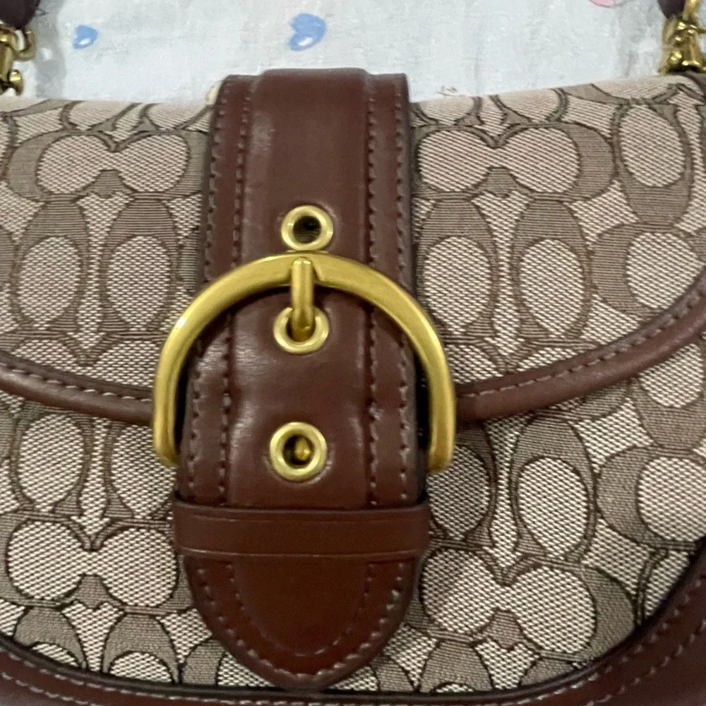 Coach Brown Logo Canvas and Leather Shoulder Bag with Gold Hardware
